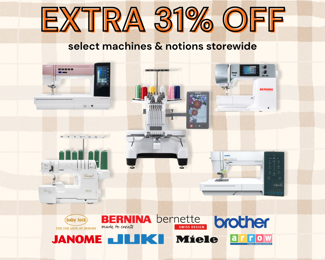 Advertisement for sewing machine sale with various brand logos on a checkered background. Advertisement for sewing machine sale with various brand logos on a checkered background.