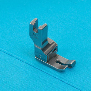 A sewing machine presser foot made of metal, primarily blue in color, designed for uniform and precise 2mm topstitching.