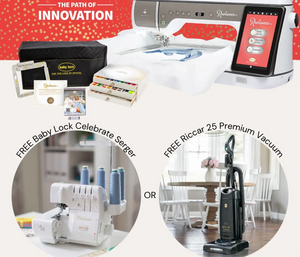 Radiance embroidery, sewing, and quilting machine with additional products on a red background