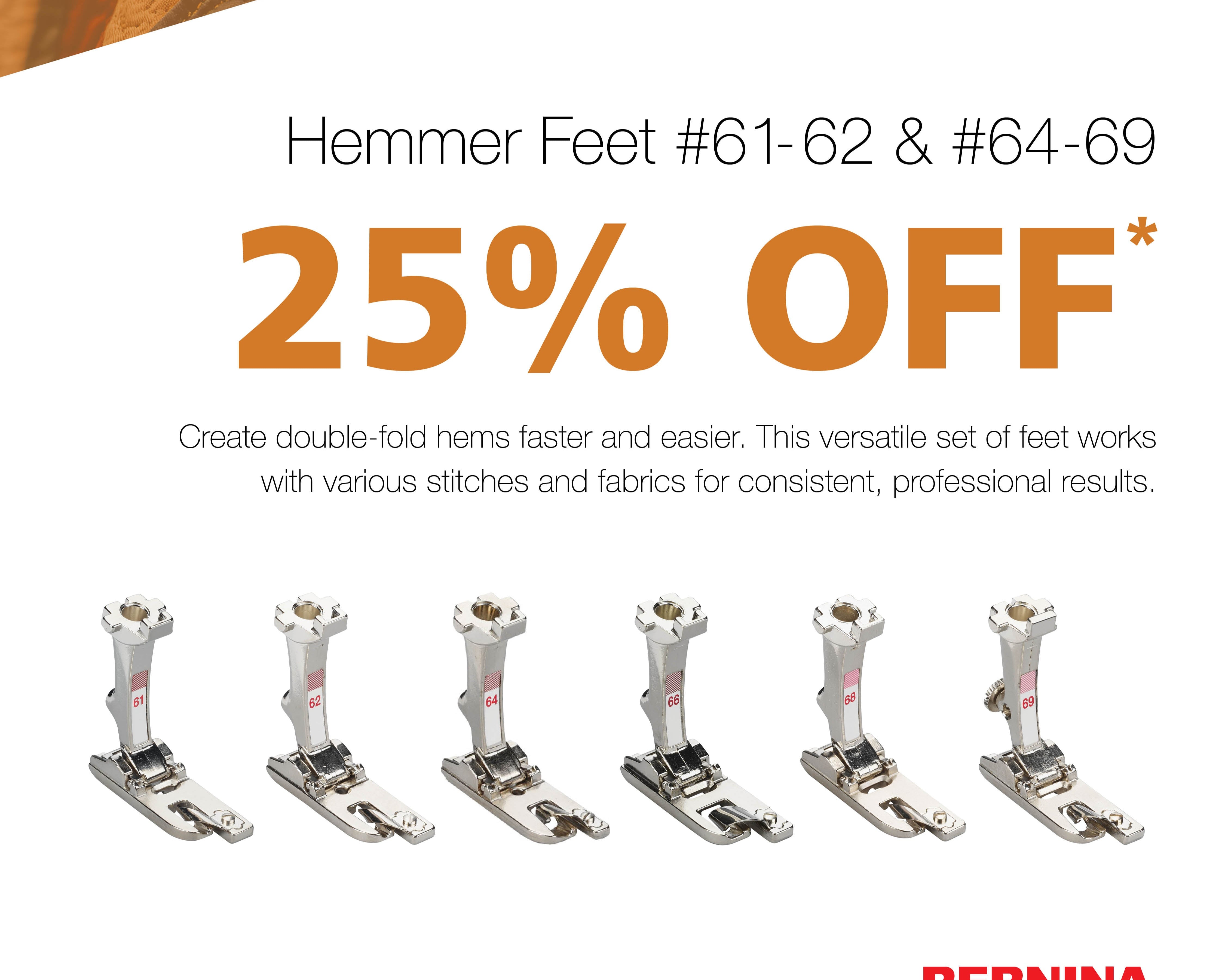 Advertisement for BERNINA hemmer feet with text about August accessory offer.