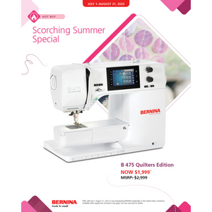 Bernina B 475 Quilters Edition sewing machine with promotional text on a white background