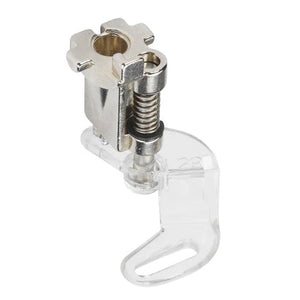 Metal sewing machine presser foot on a white background