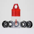 Red and clear container with black circular components on a white background