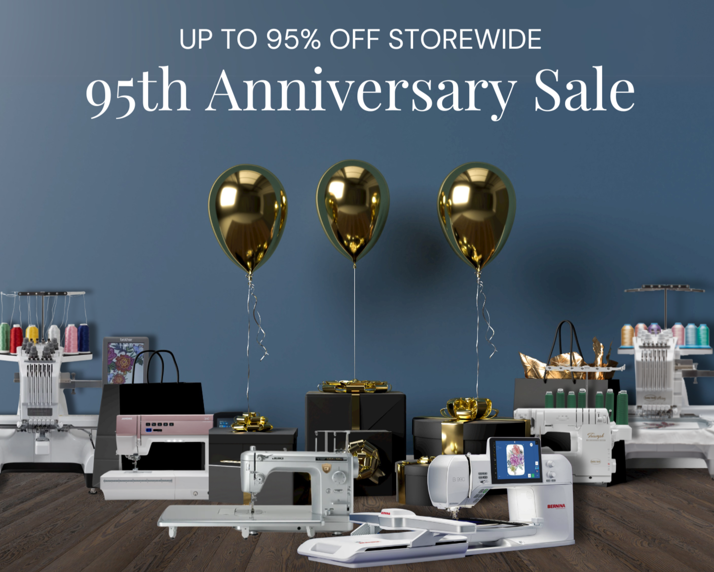 Advertisement for Meissner Sewing & Vacuum Centers' 95th Anniversary Sale with sewing machines and balloons.