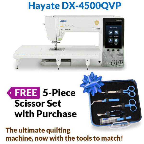 Hayate DX-4500QVP quilting machine promotional graphic with a white machine, touchscreen panel, and a free 5-piece scissor set, plus feature text on a light background with a decorative border.