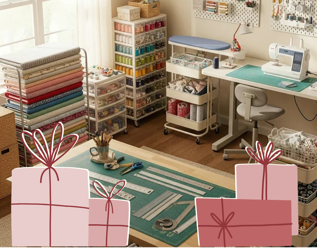 Quilting and sewing room with supplies and a sewing machine.