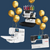 Sewing machines with gold balloons and '95 Anniversary' text on a dark blue background