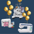 Sewing machine, printer, and embroidery machine with gold balloons and '95 Anniversary' text on a blue background.