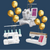 Sewing machines with gold balloons and '95 Anniversary' text on a dark blue background