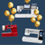 Three sewing machines with gold balloons and '95 Anniversary' text on a blue background