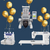 Embroidery machine with gold balloons and '95 Anniversary' text on a dark blue background