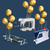 Sewing machines with gold balloons on a dark blue background