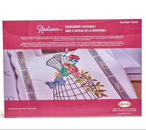 Embroidery upgrade kit packaging with floral design on a white background 