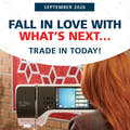 Promotional banner for a Bernina sewing machine featuring a woman with red hair sewing from behind, with large text overlays reading 'FALL IN LOVE WITH WHAT'S NEXT.