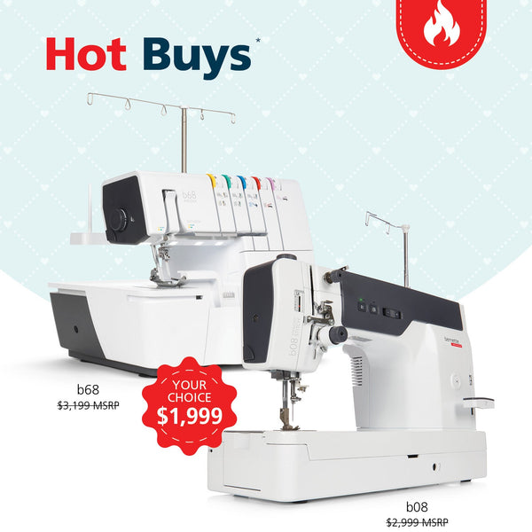 Promotional catalog graphic for Bernette Sew Design showing two overlock sewing machines, model b68 and b08, with sale text and a Hot Buys badge.